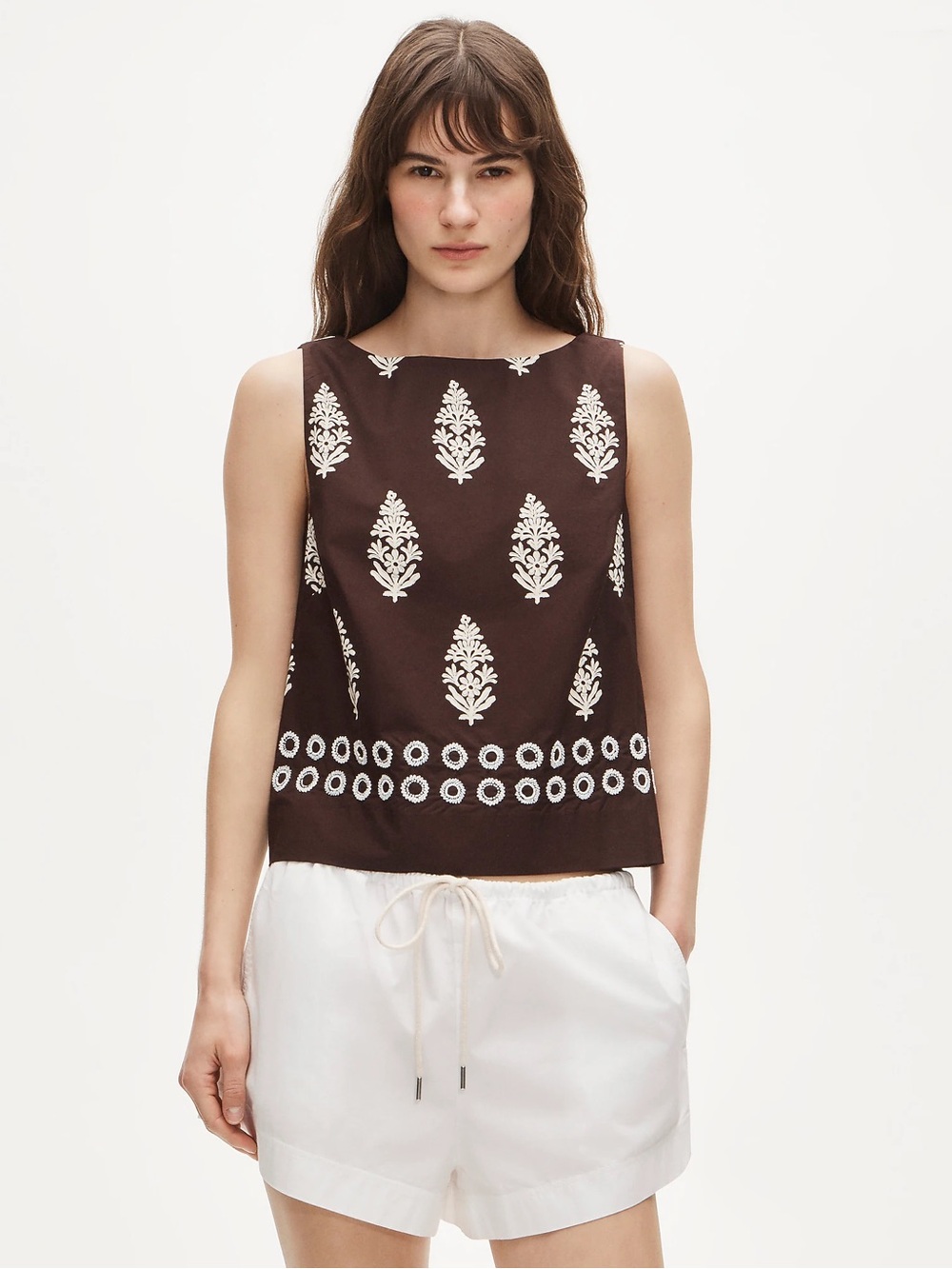 Beaded shell top in cocoa block print